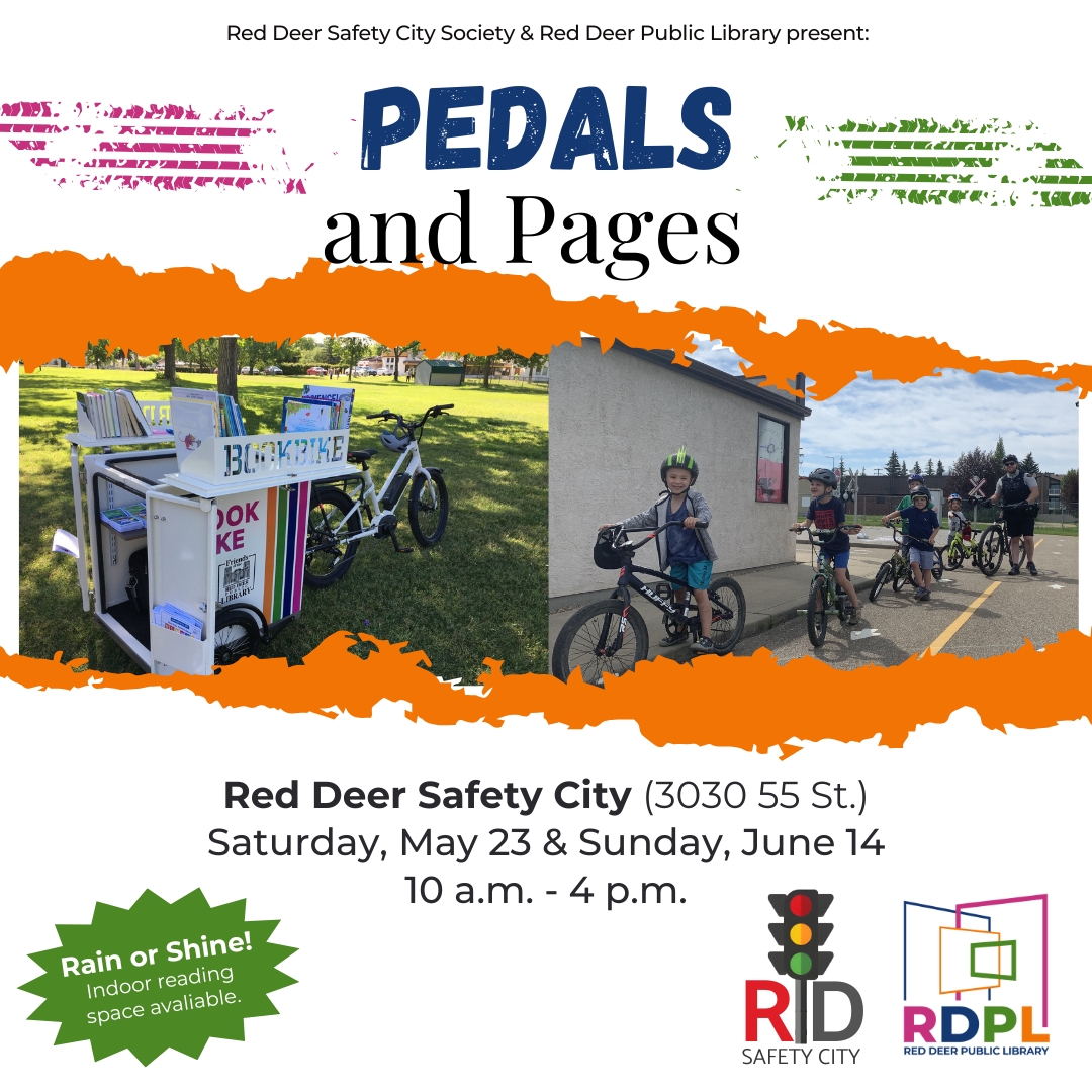 Digital ad for Pedals & Pages event featuring Safety City biking students and the RDPL Book-bike